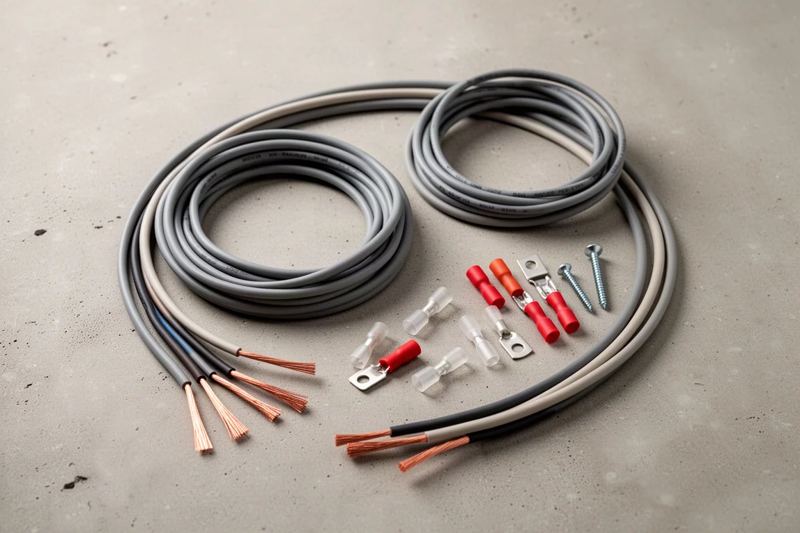 Assorted electrical wires and terminals laid out on a workbench