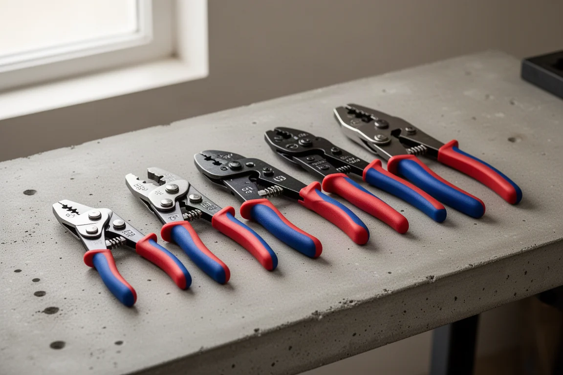 Lineup of six wire stripper pliers arranged on a concrete workbench