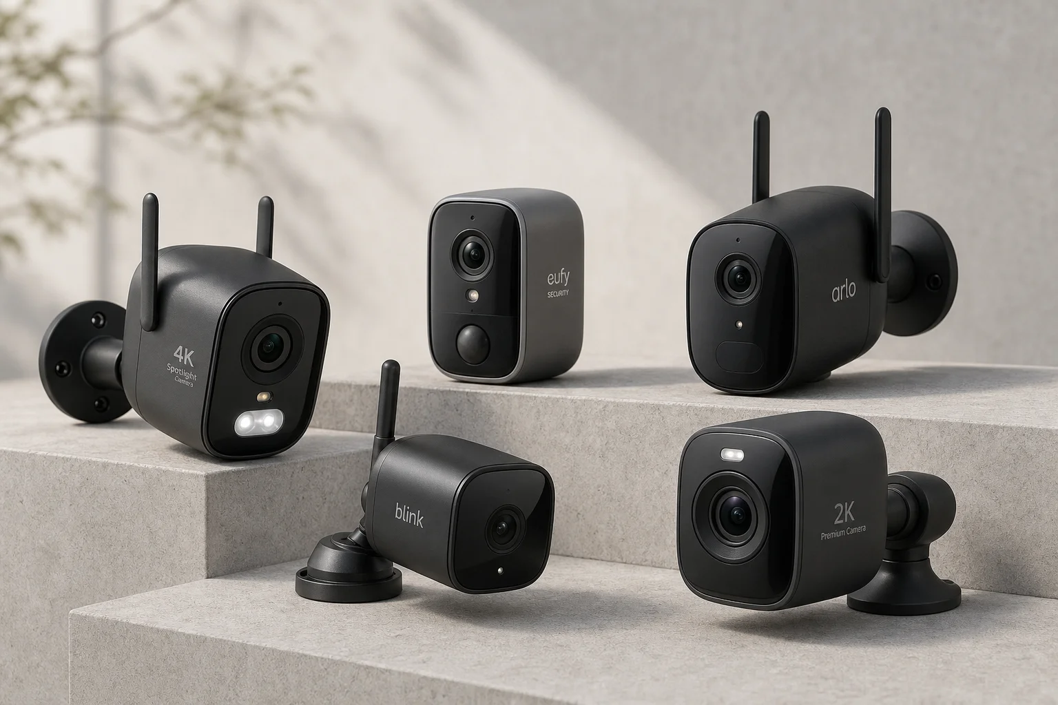 Cinque telecamere di sicurezza wireless per esterni disposte su una superficie in cemento
