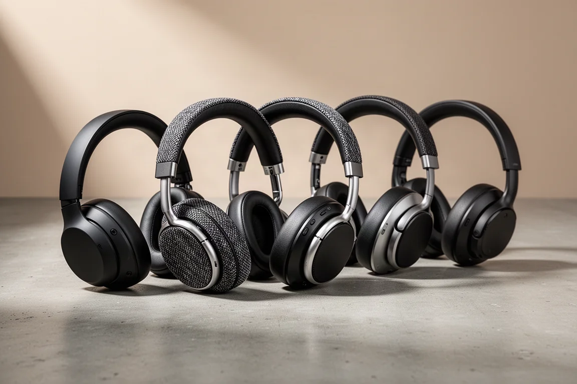 Five wireless over-ear headphones arranged in a row on a concrete surface