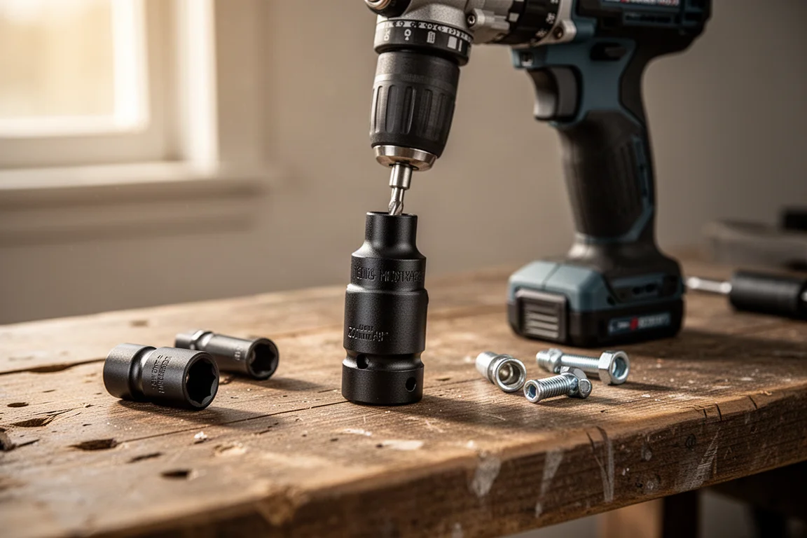 Socket extension fitted to a cordless drill on a workbench