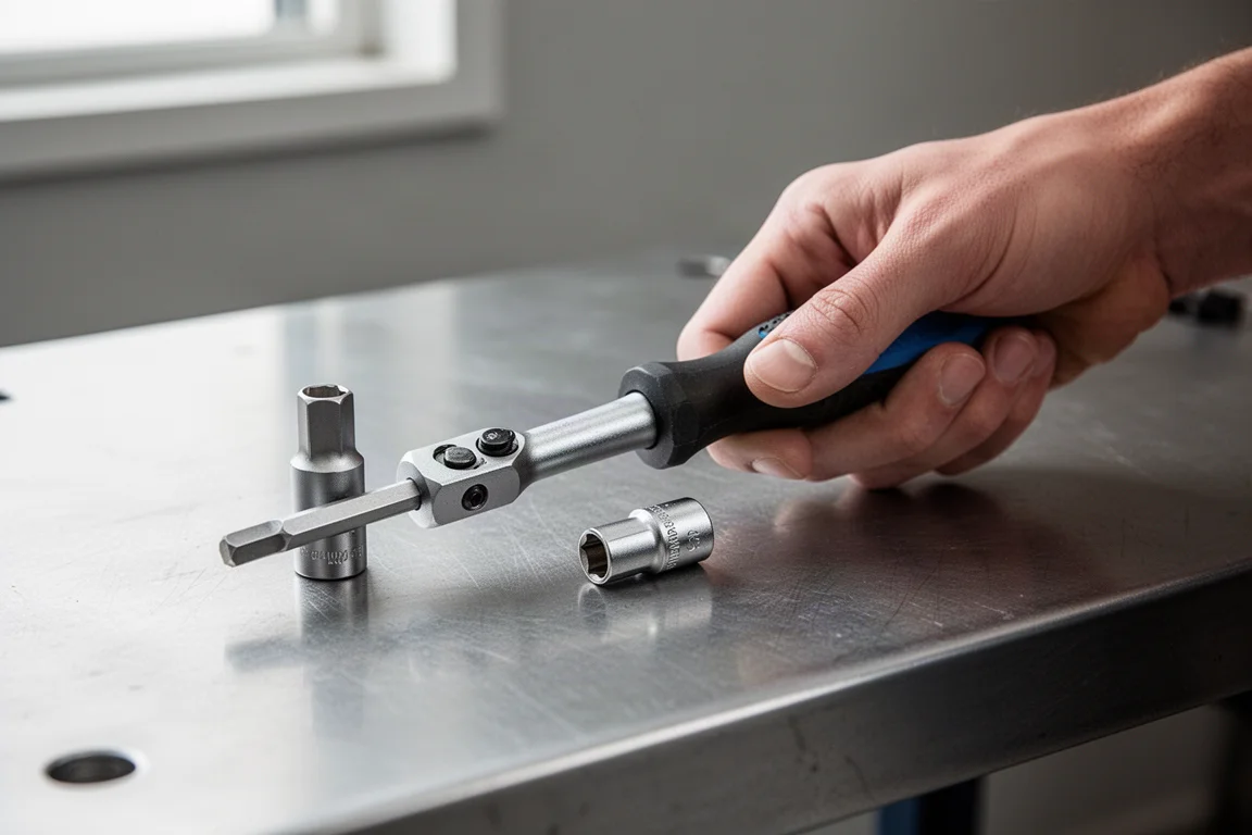 Hand ratcheting screwdriver with a socket adapter attached on a bench
