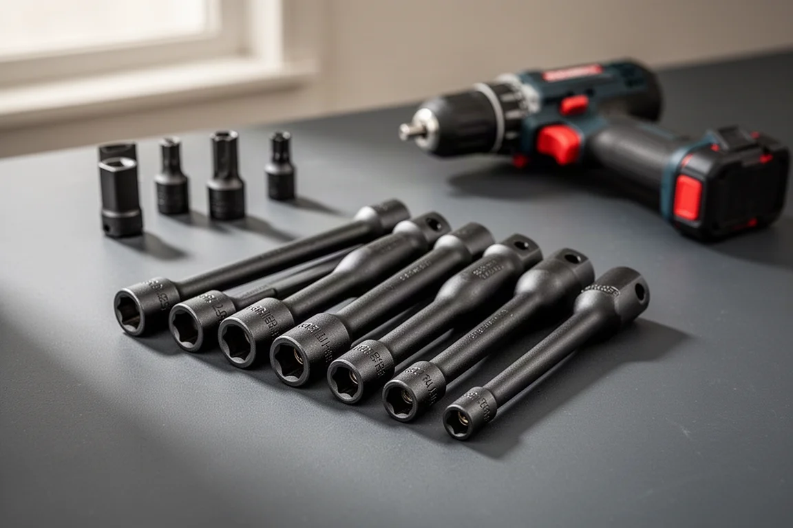 Black wobble socket extensions laid out on a workshop surface with a drill nearby