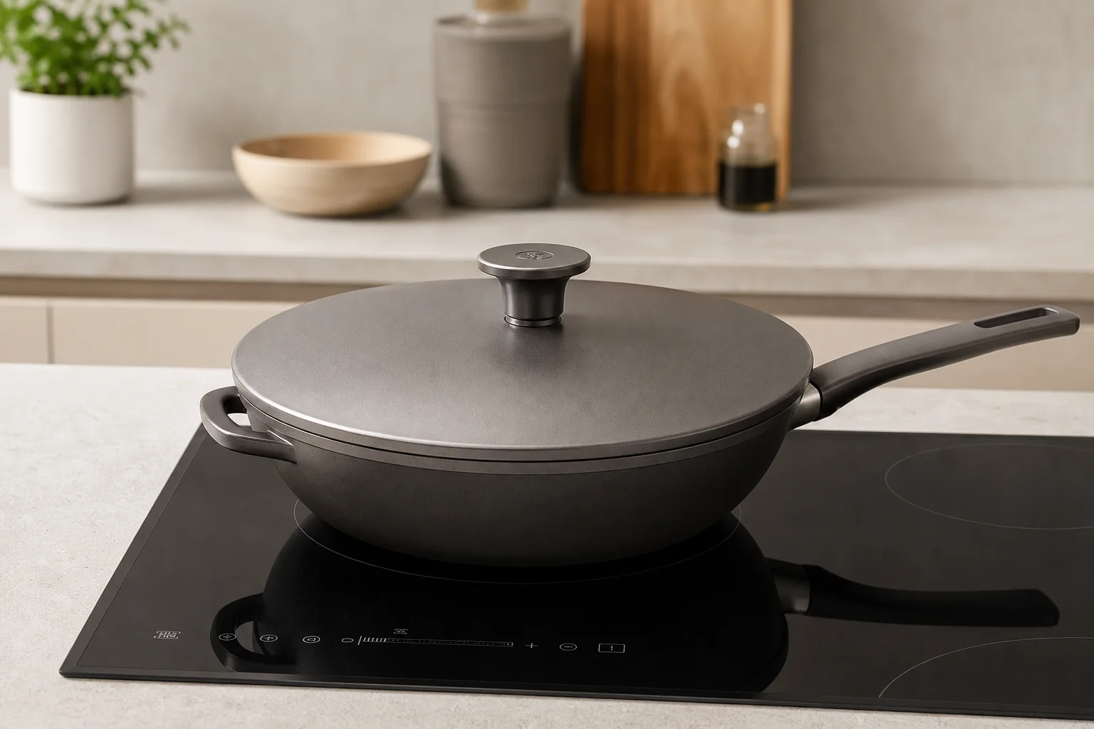Flat-bottom wok with lid sitting securely on an electric cooktop