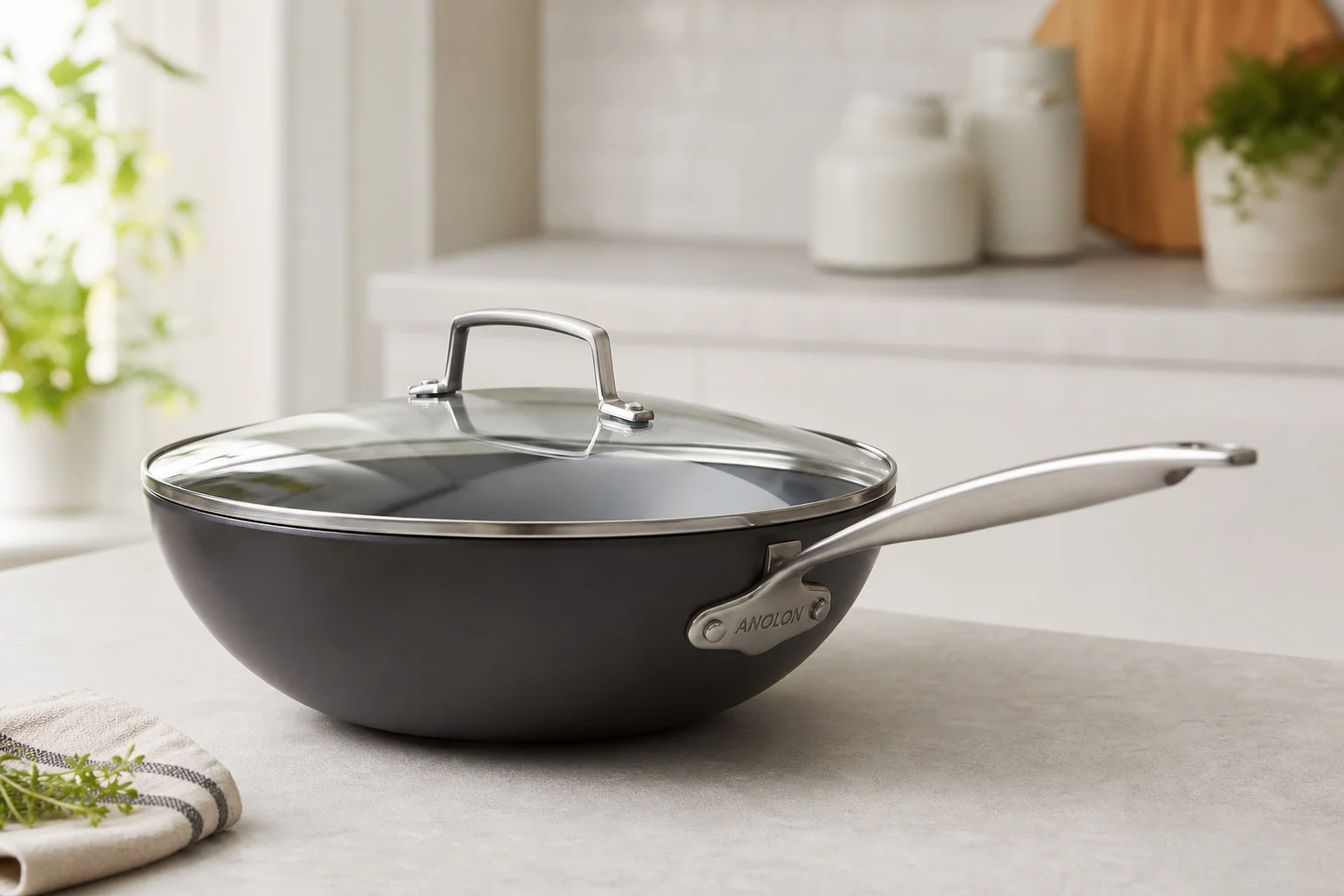 Stainless steel wok with glass lid on a kitchen counter ready for cooking