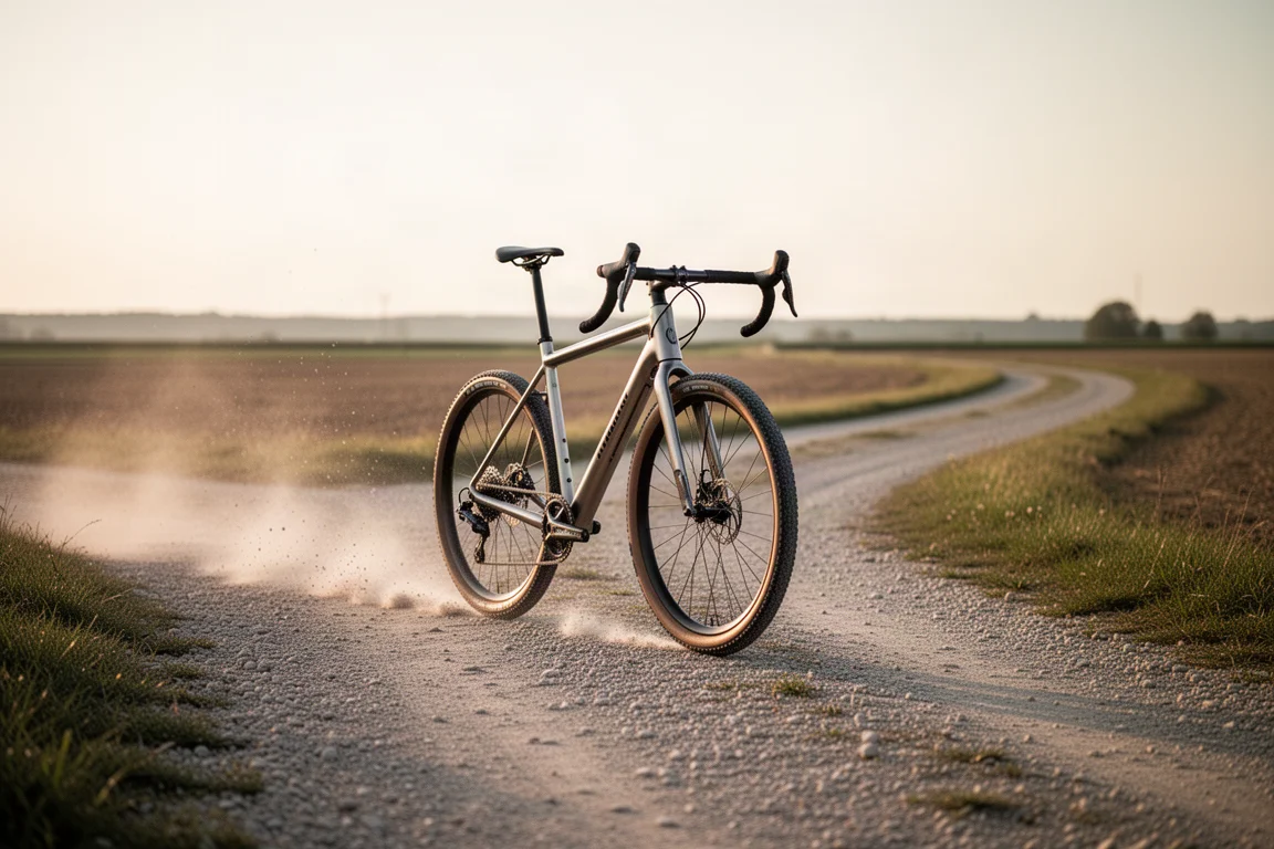 Racefiets rolt over een fijn gravelpad tussen open velden