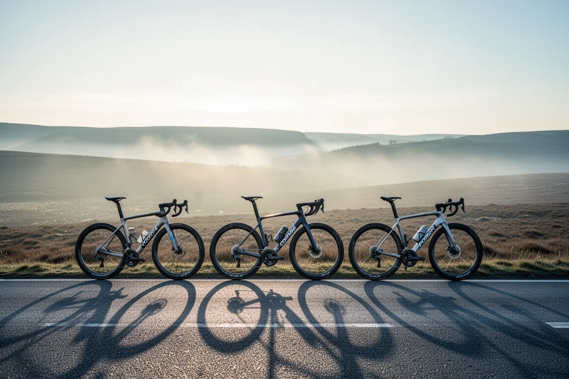 Drie racefietsen naast elkaar op leeg heide-asfalt bij zonsopgang