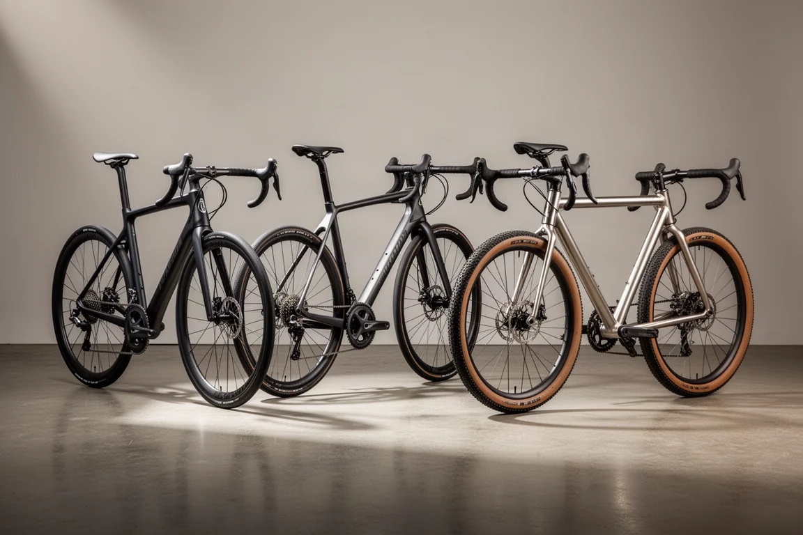 Three endurance road bikes lined up on a concrete studio floor in soft light