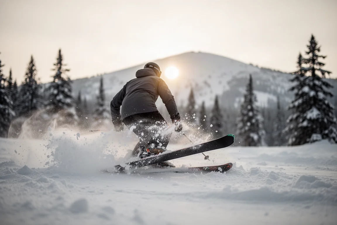 Skifahrerin carve durch gehackten Schnee mit Sprühneben von einer breiten Skikante