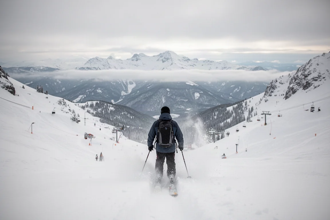 Skifahrerin oben an einer steilen Powder-Mulde mit entfernten Gipfeln