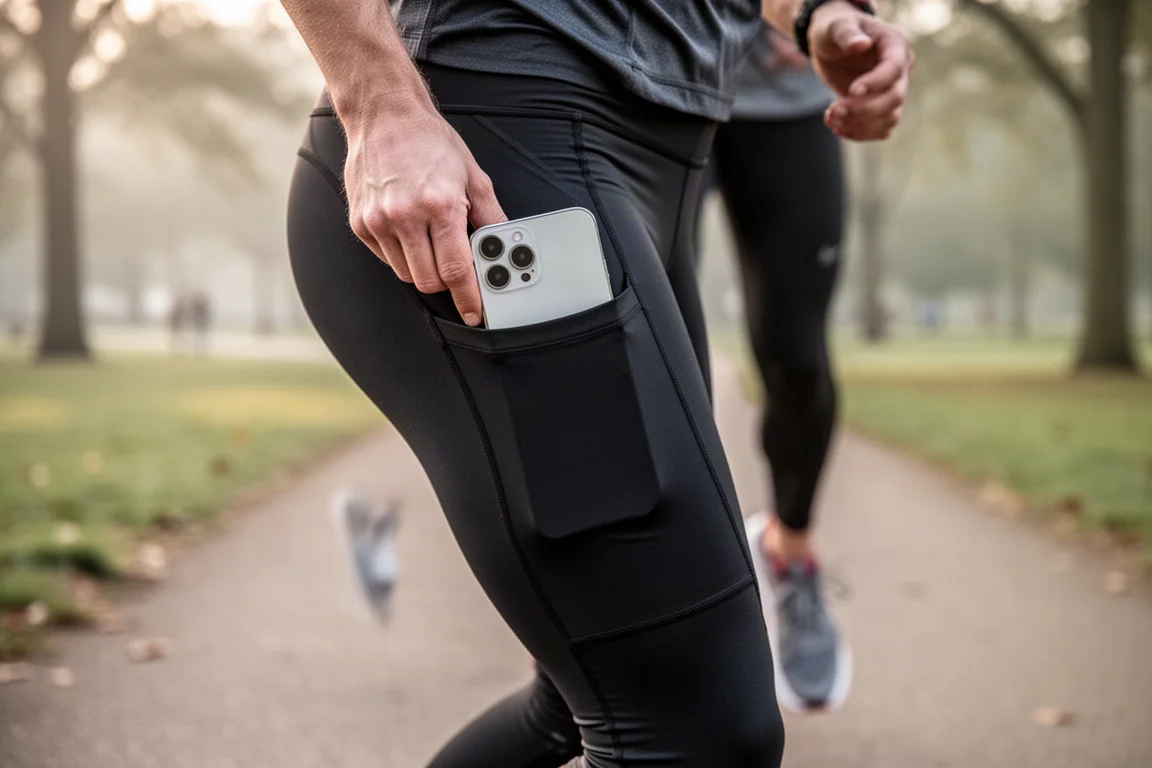 Runner checking a smartphone stored in a leg pocket on running leggings