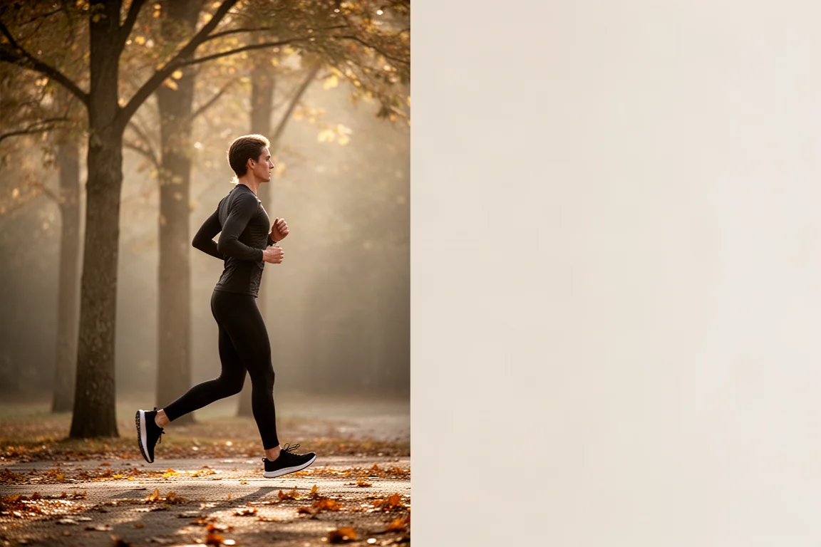 Runner on a tree-lined path wearing black running leggings in autumn light