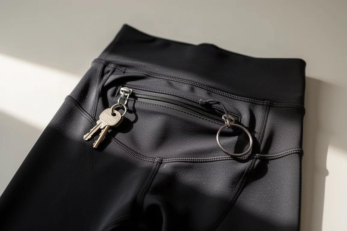 Close-up of a zip pocket on the back waistband of black running leggings