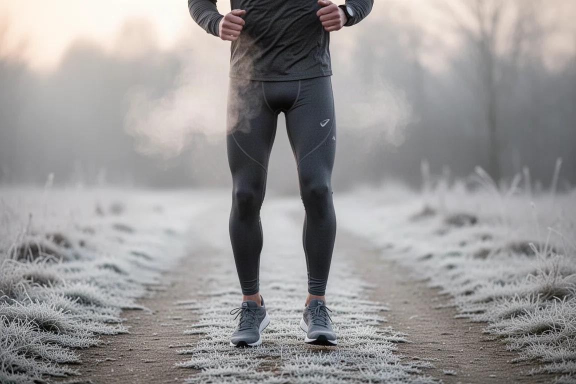 Runner outdoors in thermal running tights on a cold winter morning
