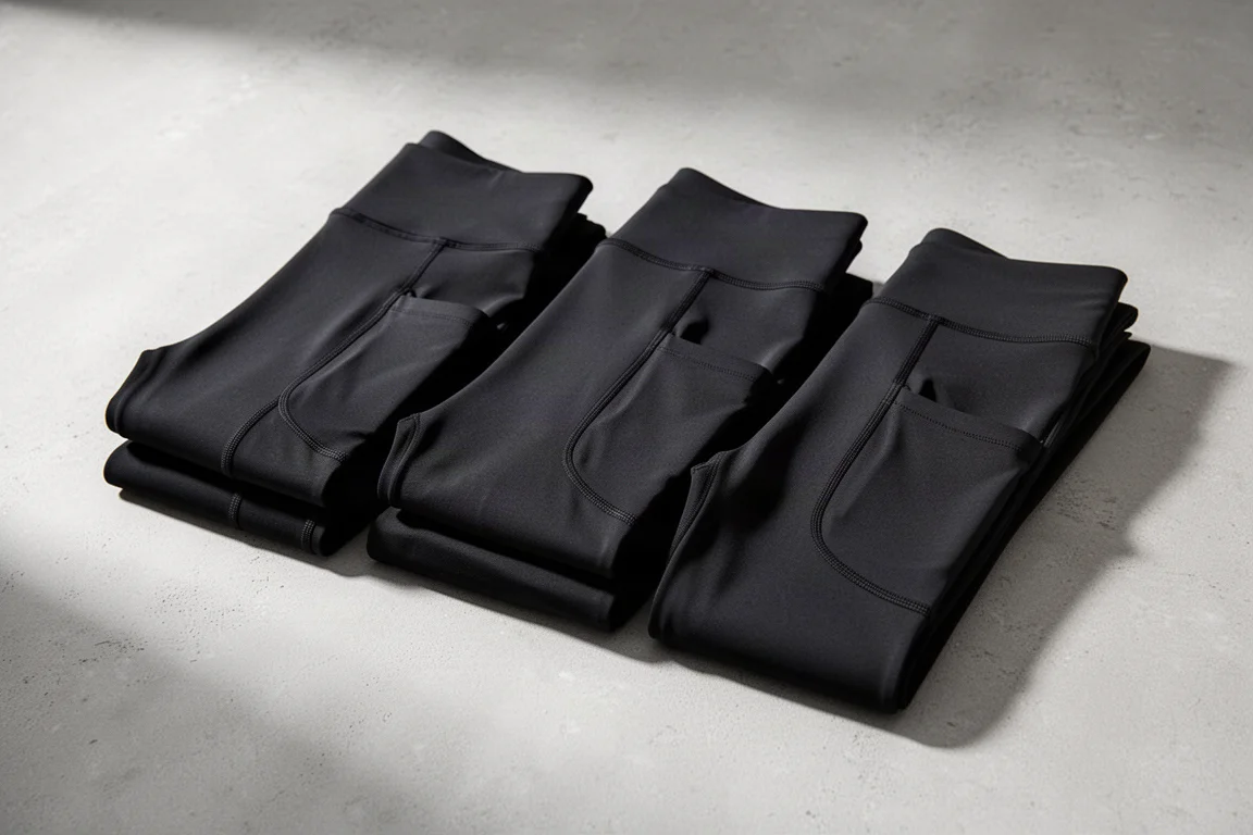 Four pairs of black running leggings with pockets arranged on a grey surface