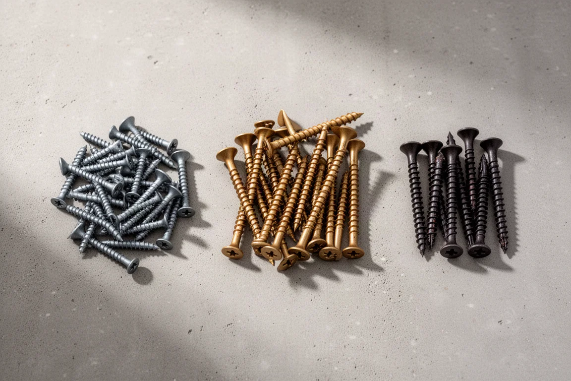 Three piles of wood screws arranged from budget to premium on a concrete surface