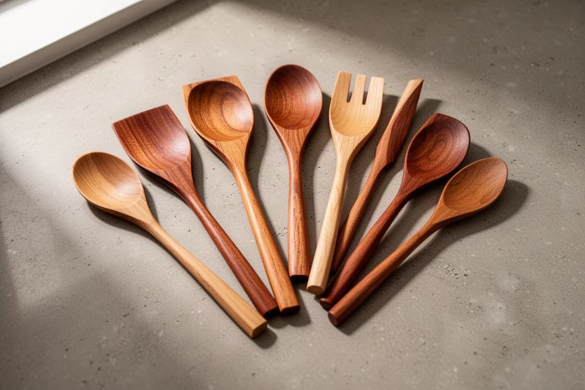 Una colección de cucharas de madera con cabezas de formas variadas sobre una encimera de cocina