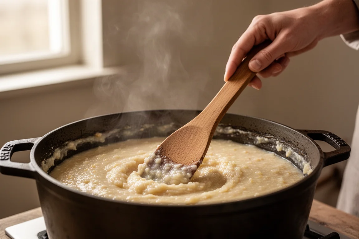 Una mano removiendo gachas en una olla con una herramienta plana de madera tipo spurtle