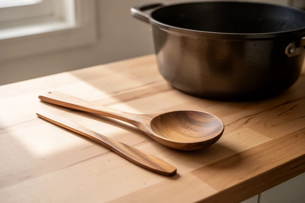 Dos cucharas de madera ganadoras sobre una encimera limpia junto a una olla de cocina