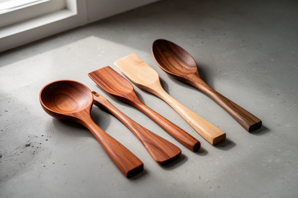 A lineup of wooden cooking spoons with varied head shapes on a concrete surface