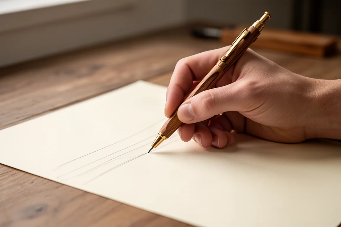 Mains écrivant avec un porte-mine en bois sur papier crème sous une lumière chaude