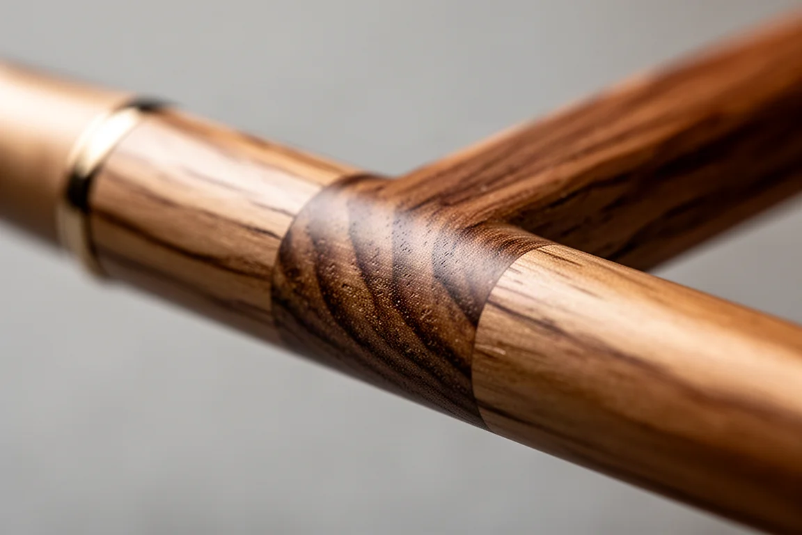 Détail du veinage du bois sur le corps d'un stylo illuminé par une lumière latérale douce