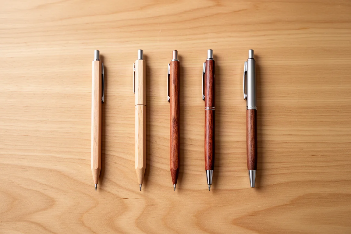 Vue à plat de stylos et porte-mines en bois sur un bureau en bois