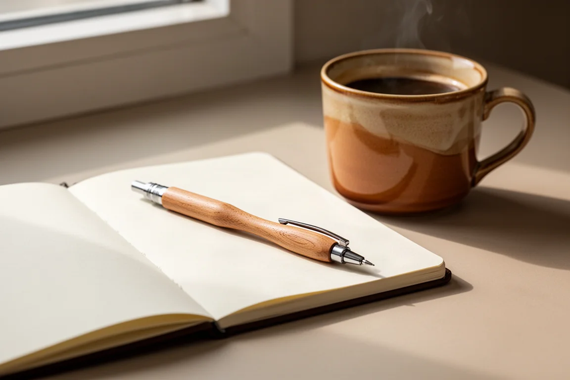 Stylo en bois posé sur un carnet ouvert à côté d'une tasse de café