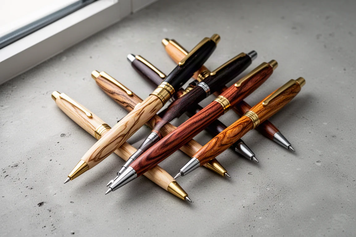 Collezione di penne e portamine in legno con venature diverse su cemento