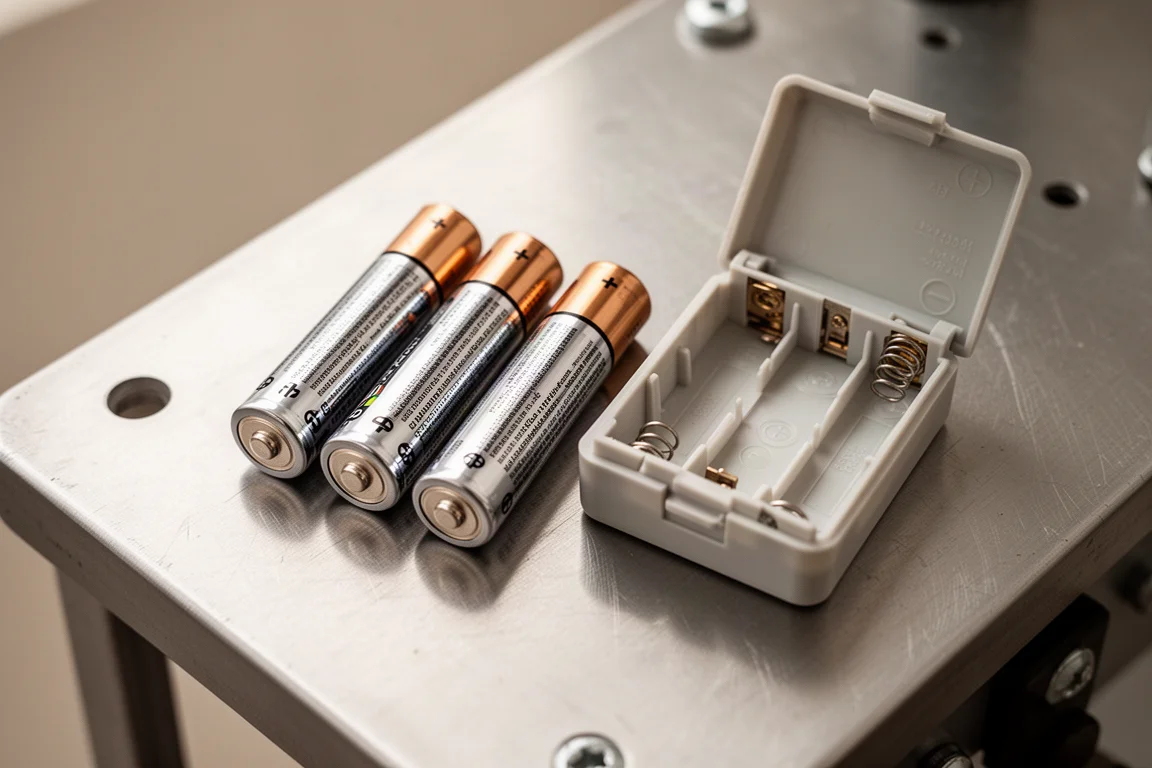 Vier AA-Batterien neben einem geöffneten Batteriefach ausgelegt