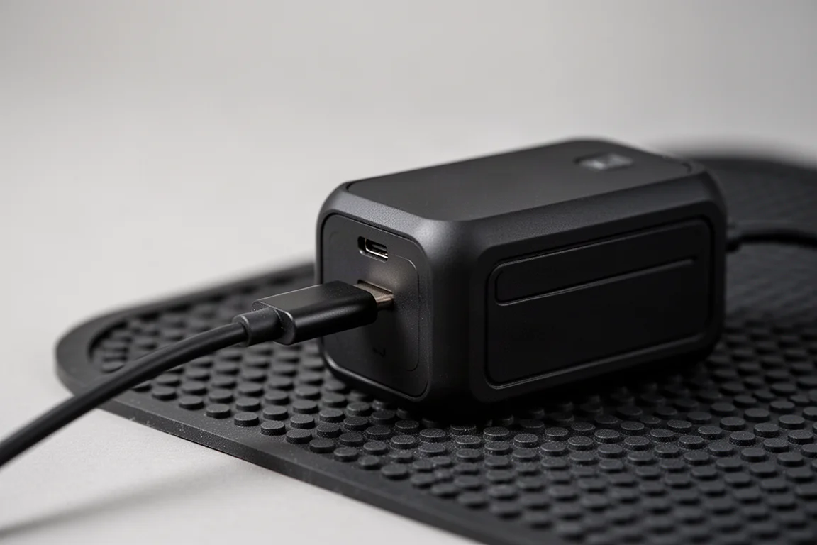 USB-C-Kabel an einer kompakten rechteckigen Arbeitsleuchte angeschlossen