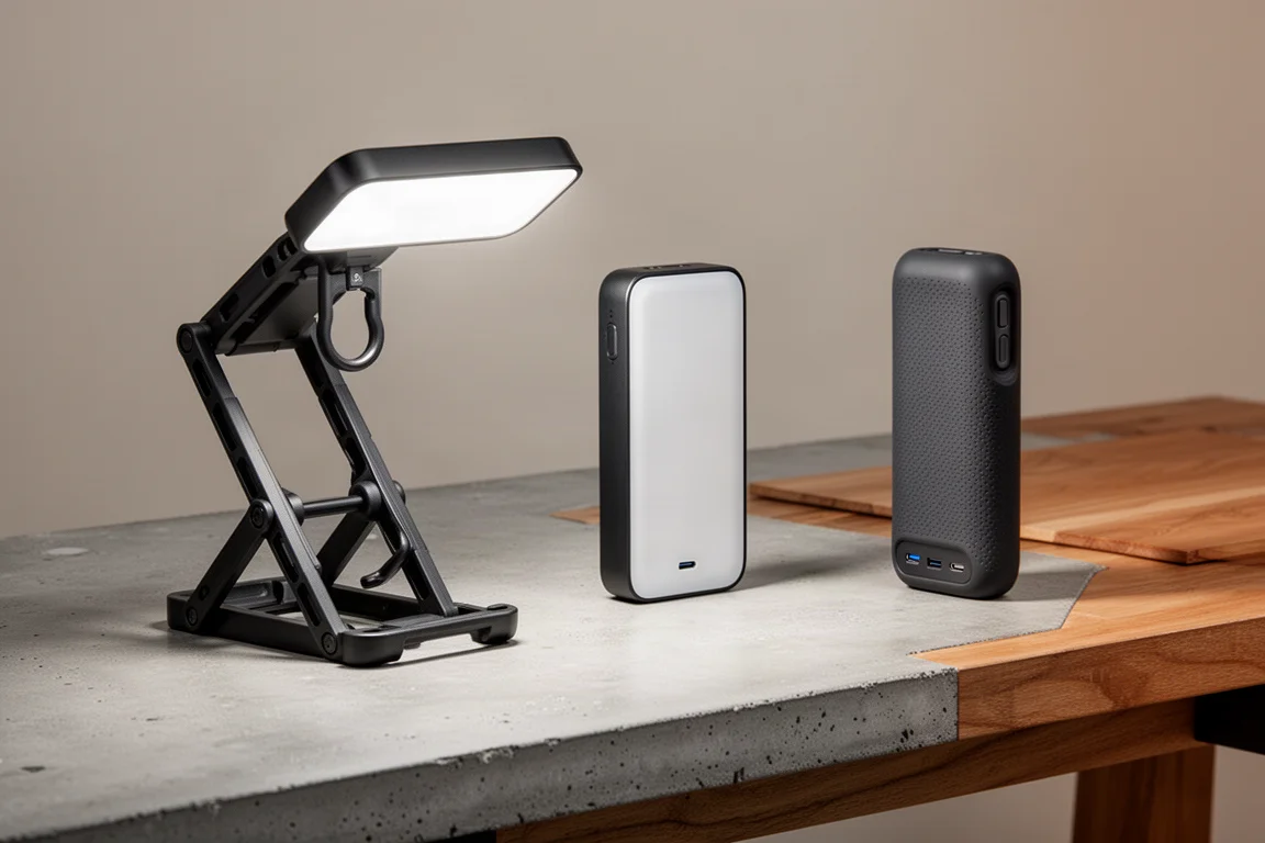 Three work area lights with stands and USB-C port arranged on a concrete workbench