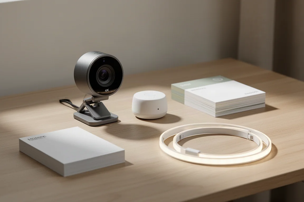 Home office accessories including a webcam, smart device, memo pads, and LED strip arranged on a desk
