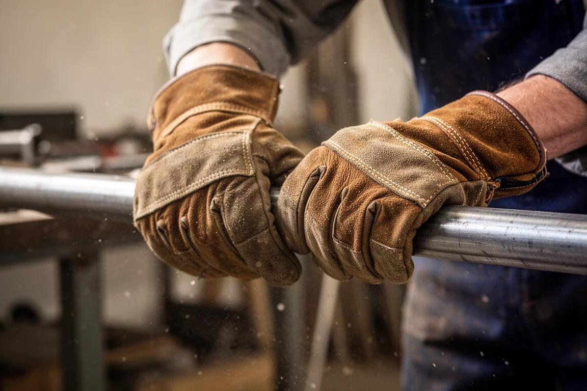 工人戴著皮革工作手套緊握鋼管