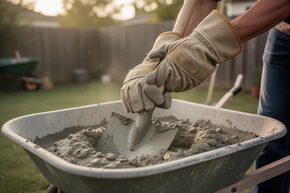 Basic canvas work gloves being used to mix concrete in a wheelbarrow