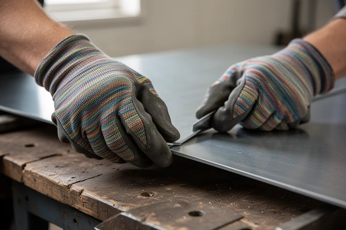 Hands in fitted work gloves handling a sheet of sheet metal