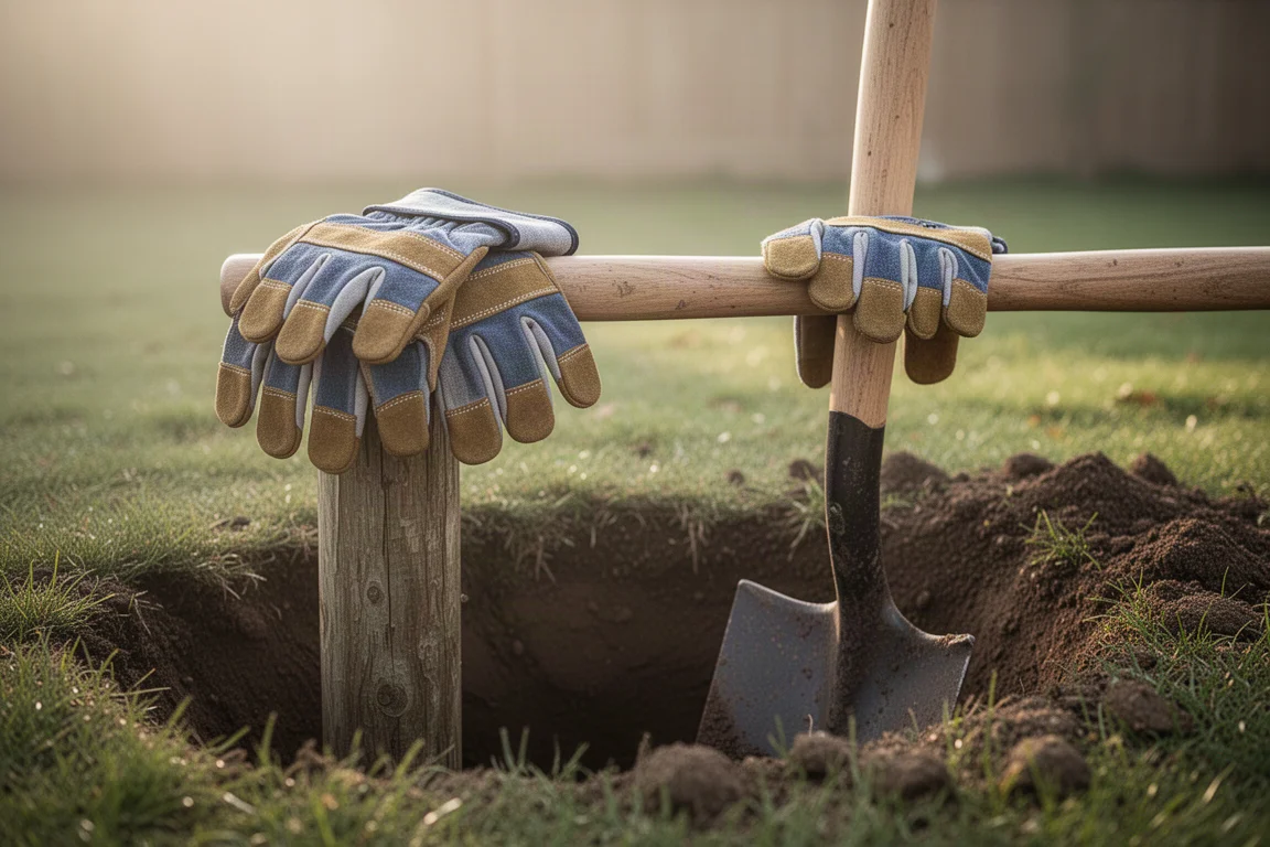 Mechanics-style gloves resting on a fence post hole digger in a yard