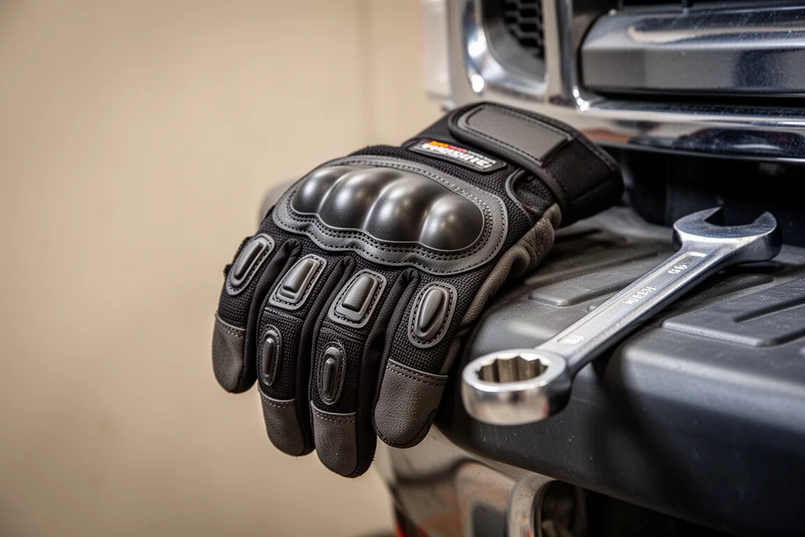 Impact glove with rubber knuckle padding resting on a truck fender