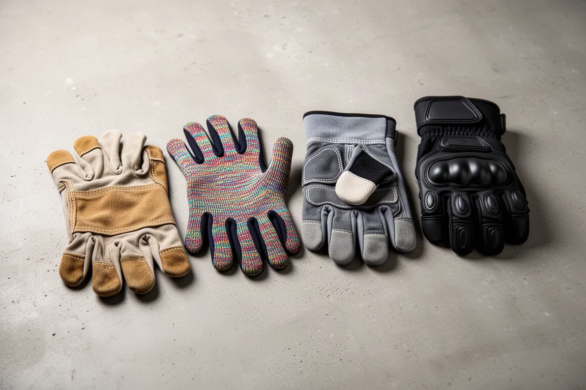 Four styles of work gloves arranged in a row on a concrete surface