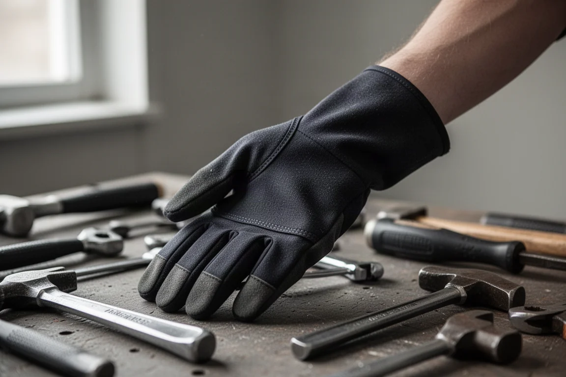 Un ouvrier enfilant un gant anti-coupure bien ajusté sur un établi d'atelier