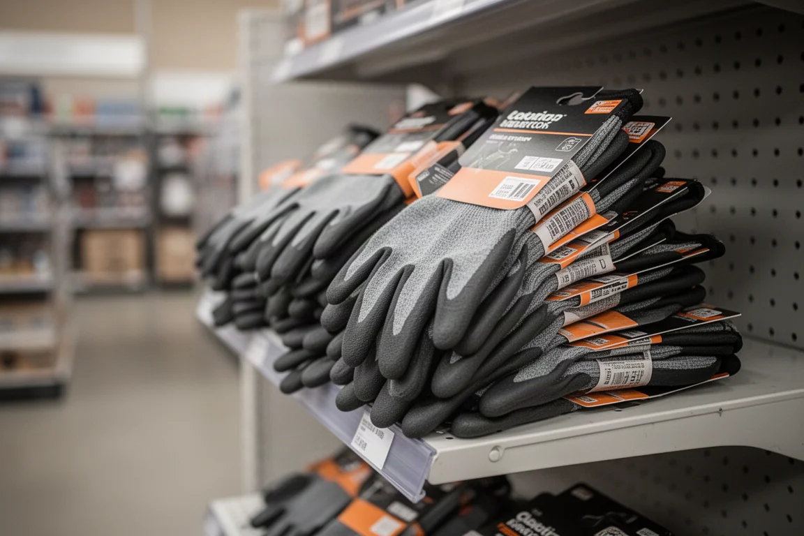 Piles de paquets de gants de travail sur un rayon de magasin sous l'éclairage du commerce