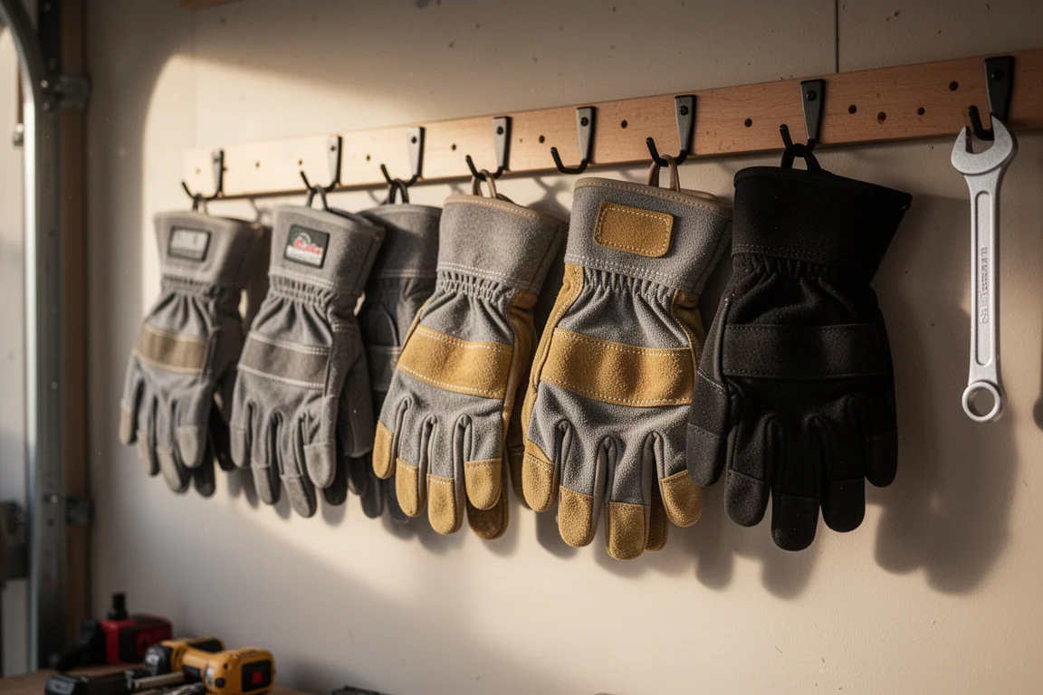 Gants de travail accrochés à des crochets sur un panneau perforé dans un garage-atelier