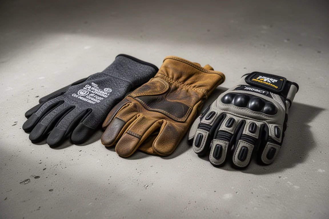 Assorted work gloves including cut resistant, leather palm and impact rated styles on a concrete surface