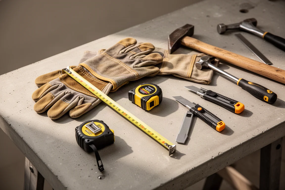 Work gloves laid out on a workshop bench with hand tools
