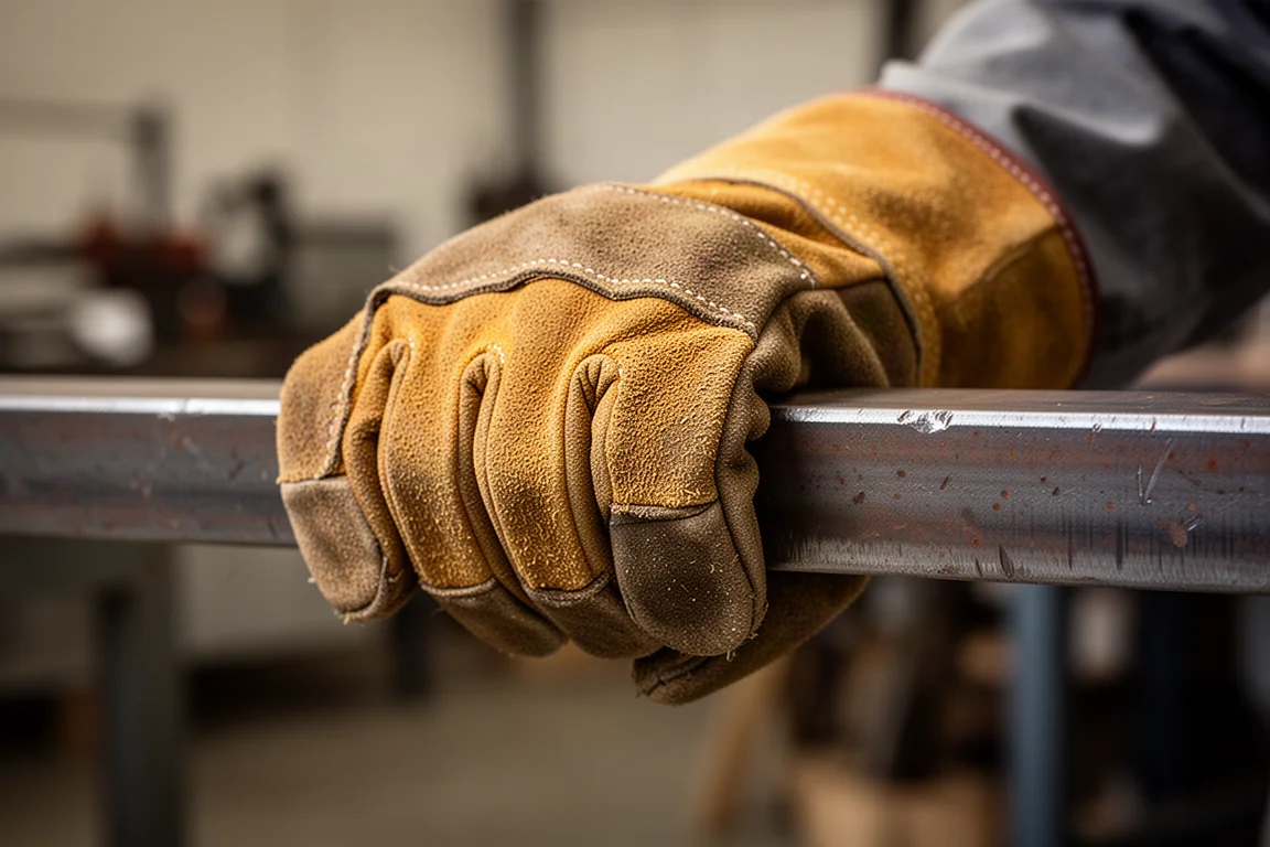 Close-up of gloved hand gripping a rough steel bar