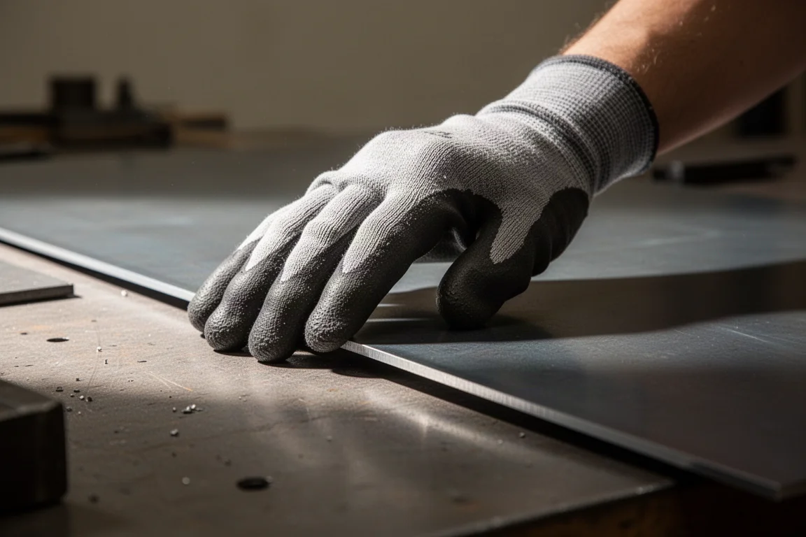 Gloved hand holding a sharp sheet metal edge in workshop light