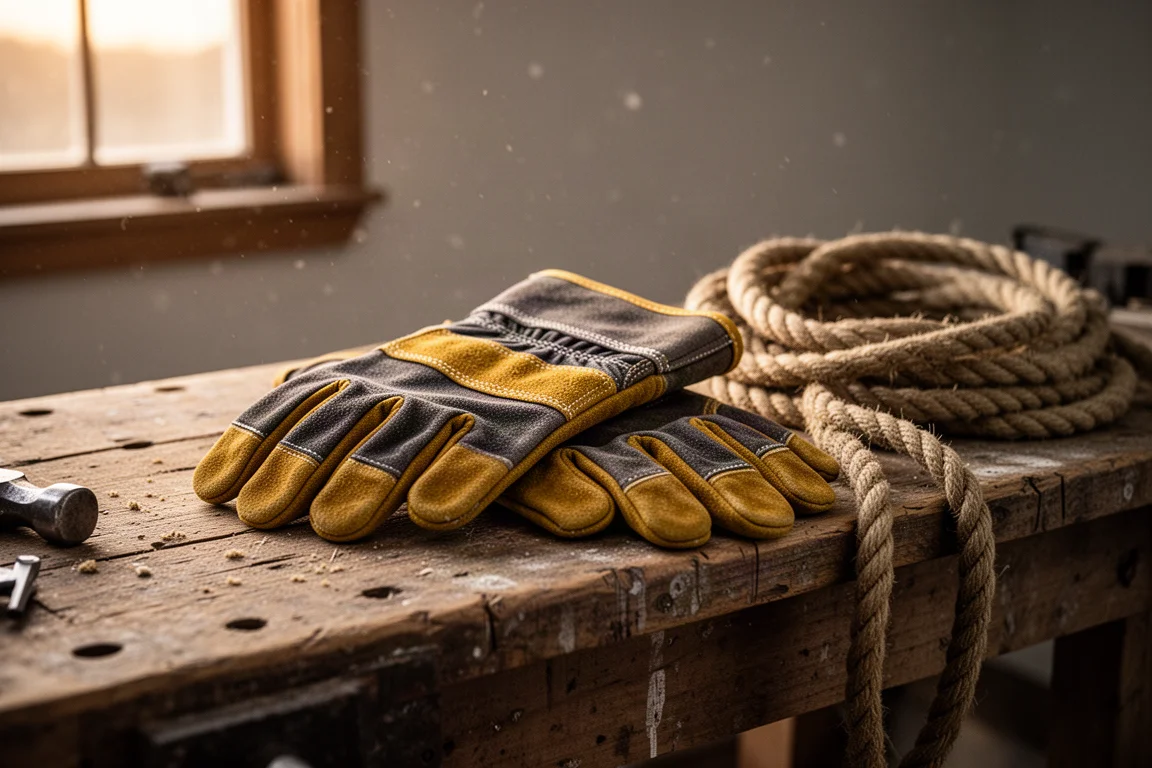 Heavy leather work gloves resting on a rustic wooden workbench