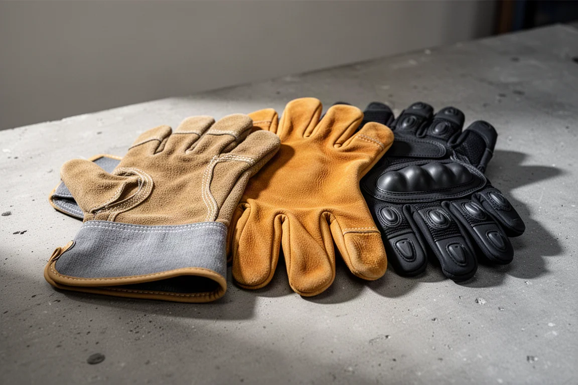 Assorted leather and synthetic work gloves arranged on a concrete workshop surface