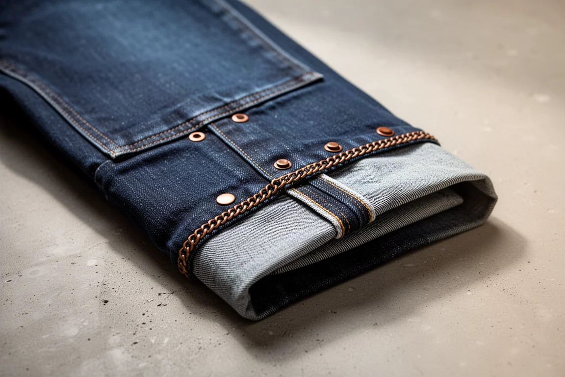 Close-up of double-front denim work pants showing two layered panels at the thigh
