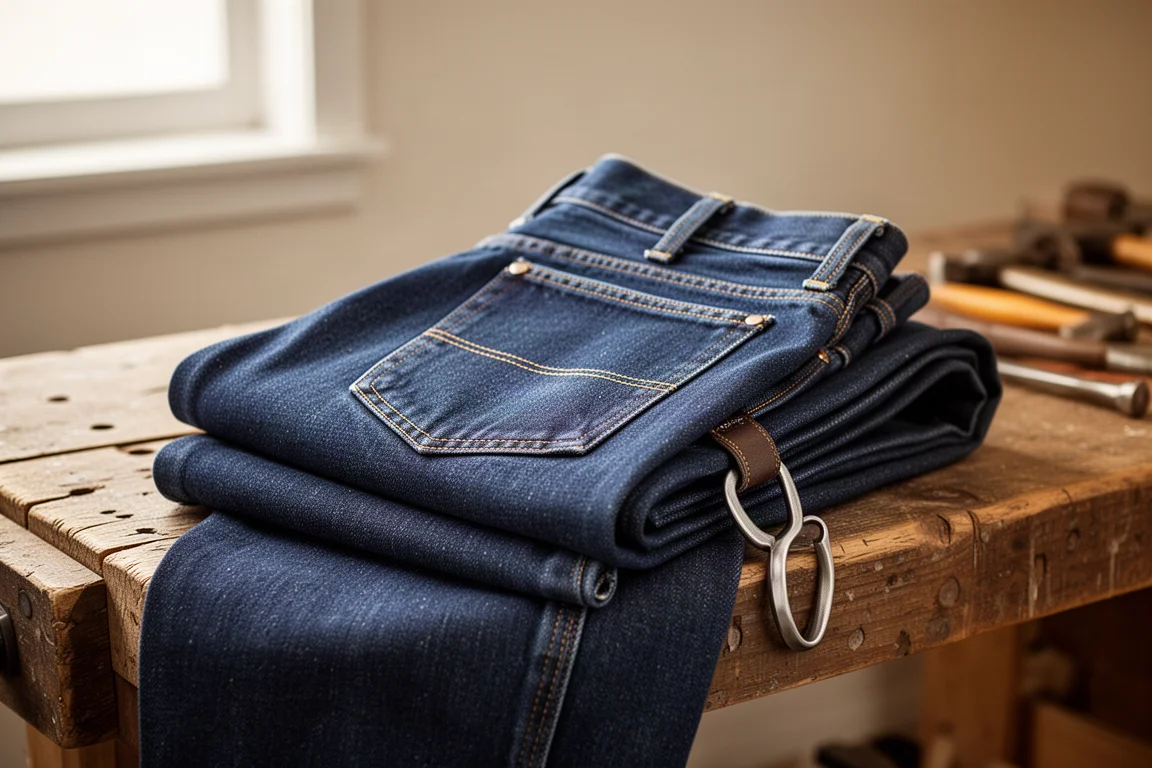 Heavy denim work pant with riveted pocket detail on a workshop bench